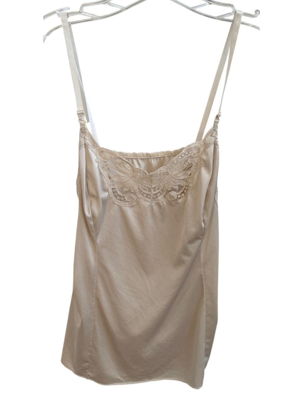 Vintage 70s Lace Cami Champagne Nylon Satin, Size S